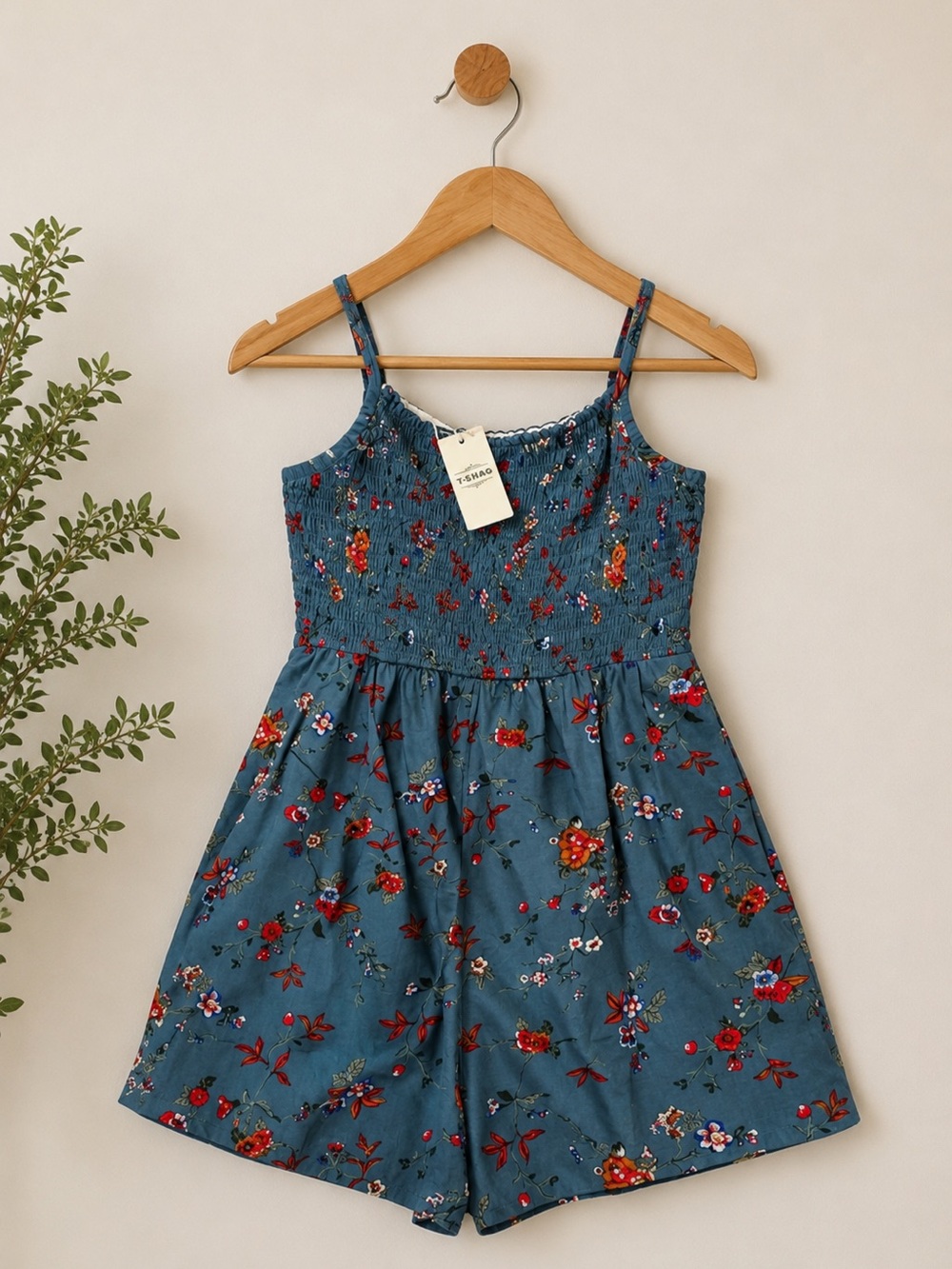 Blue Floral Smocked Romper | Dusty Blue Boho Summer One Piece | Size Large | NWT